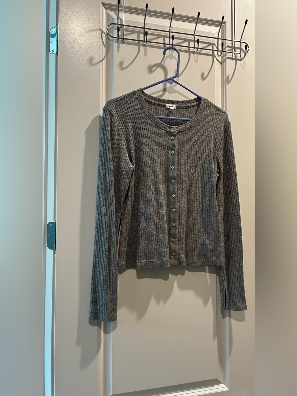 Aerie Ribbed Gray Metallic Button-Up Crop Cardigan Large